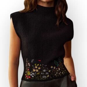 Embroidered Floral Sweater Vest Black Knit Top Commense L NWT Romantic Cottage